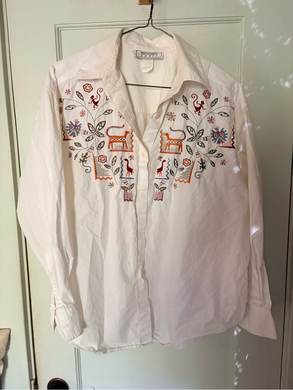 Vintage 90s Impressions Button Down 100% Cotton Shirt Embroidered White Sz M